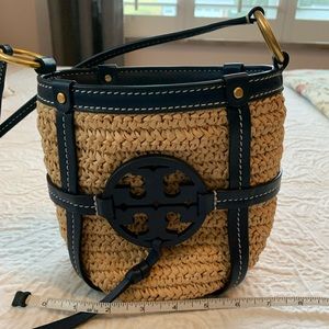 Tory Burch Straw and Navy Leather Bucket Crossbody